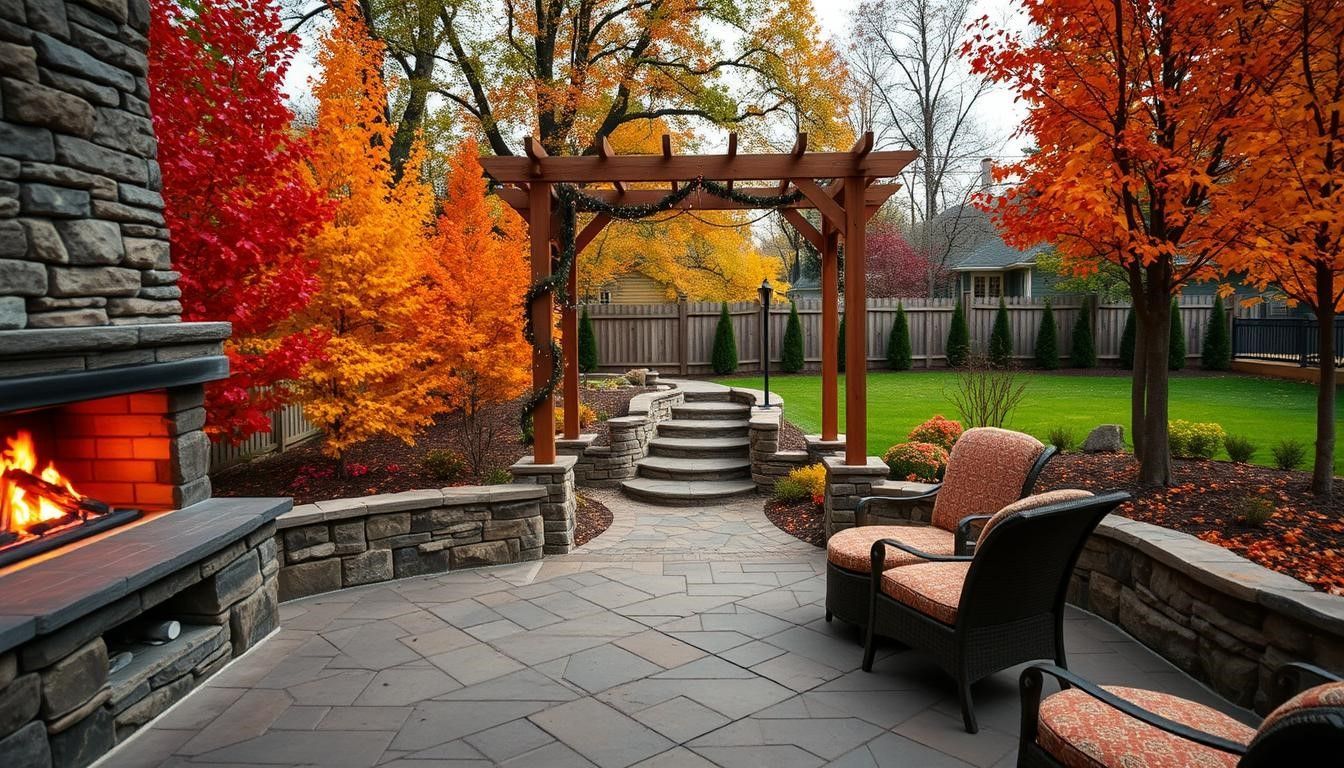 Cozy autumn patio with stone fireplace, wicker chairs, and bright orange trees around a garden path