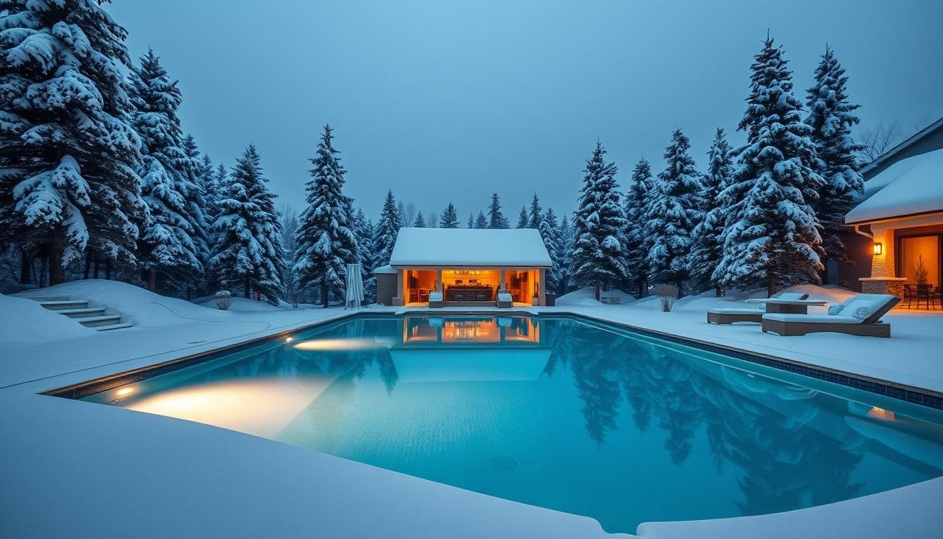 Snowy backyard pool at dusk, with warm lights glowing from a modern house and cabin surrounded by pine trees.