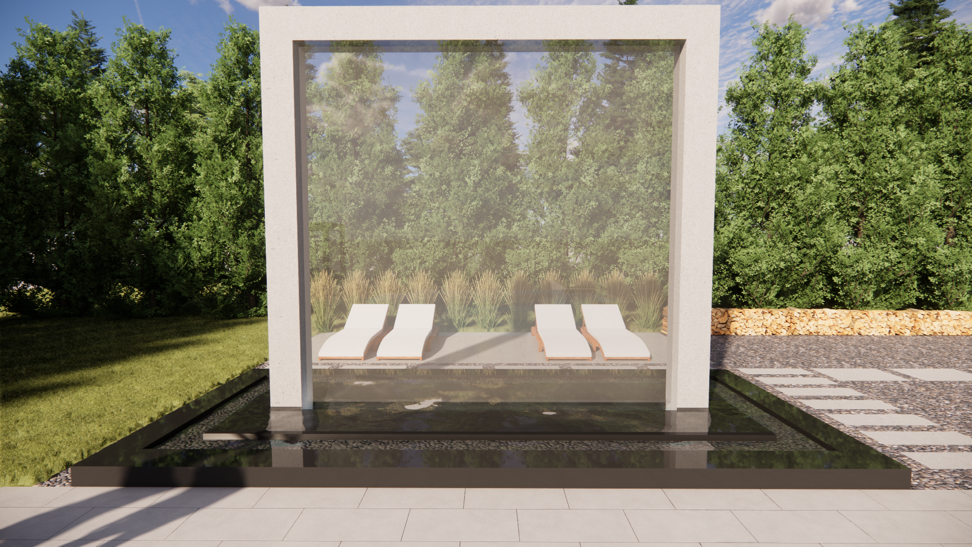 Modern outdoor lounge with white canopy frame, two white chaise lounges, and poolside reflections.