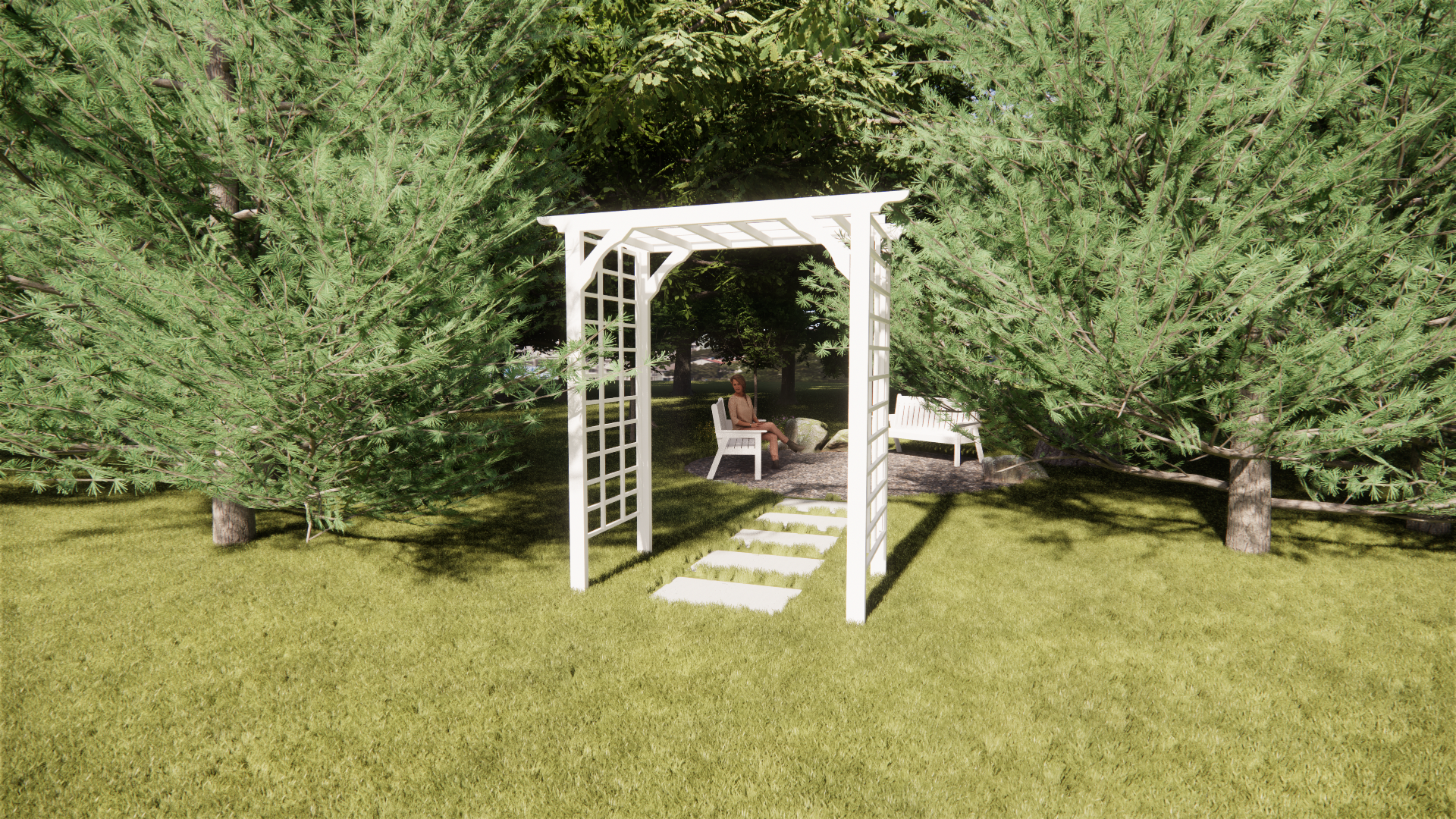 White garden pergola with steps and chair on a grassy lawn, surrounded by trees.