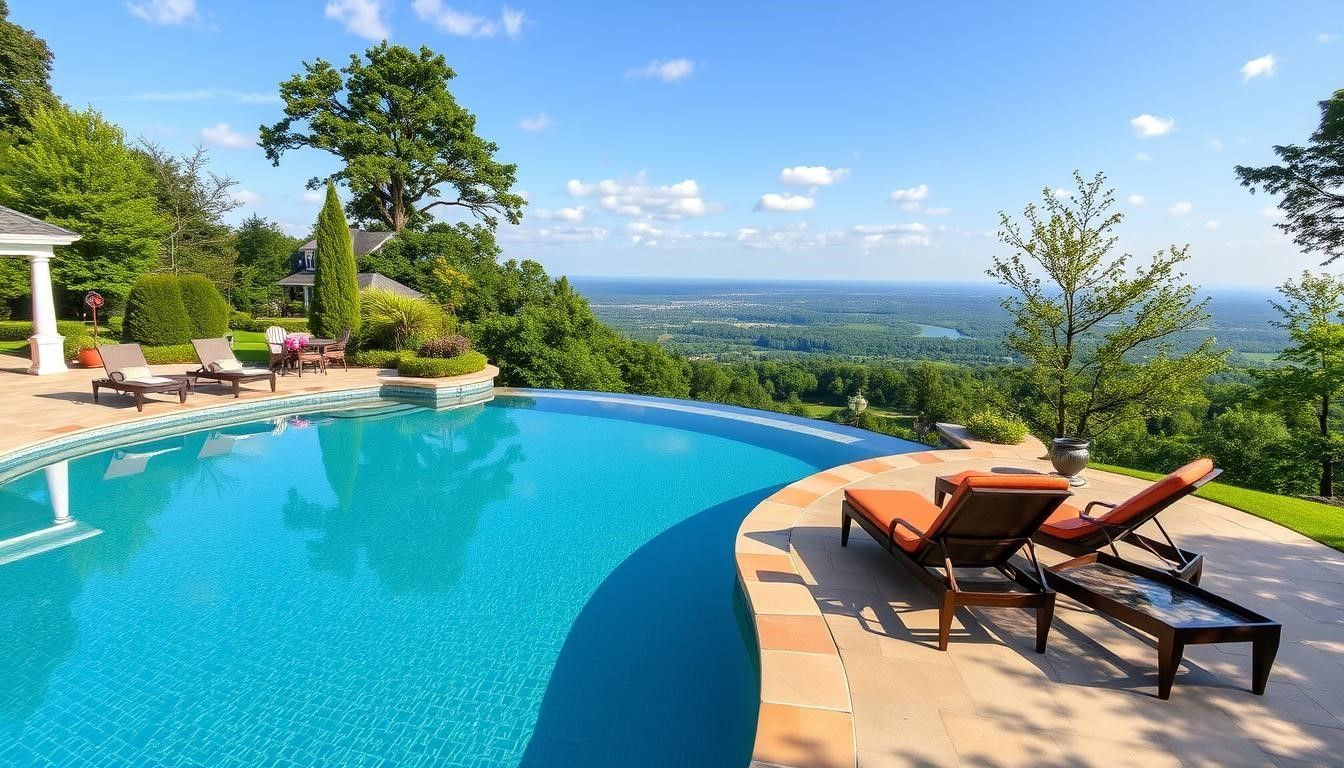Infinity pool with turquoise water, lounge chairs, and a sunny hillside ocean view