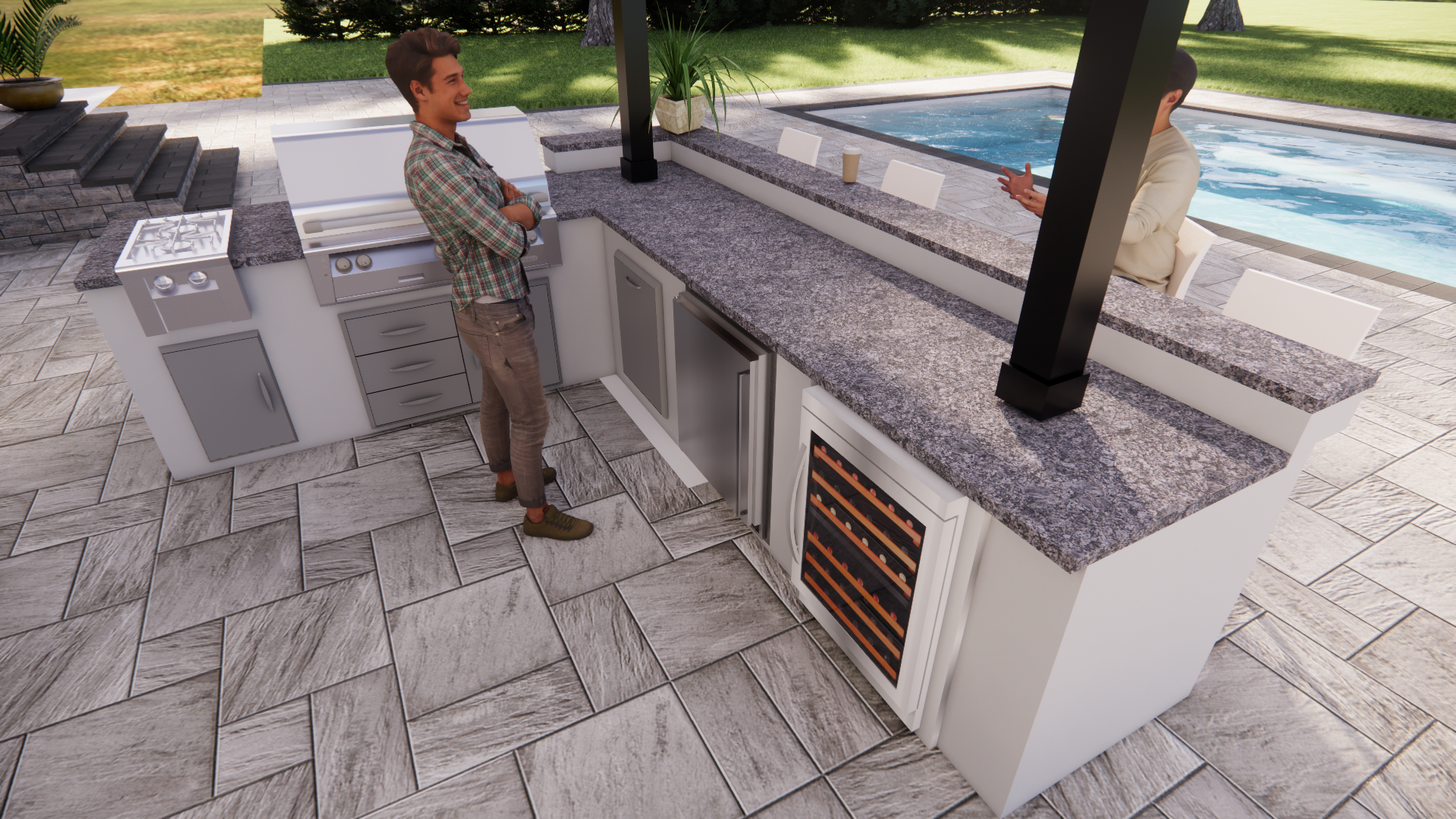 Outdoor patio with a built-in white grill island beside a pool, with a person standing nearby