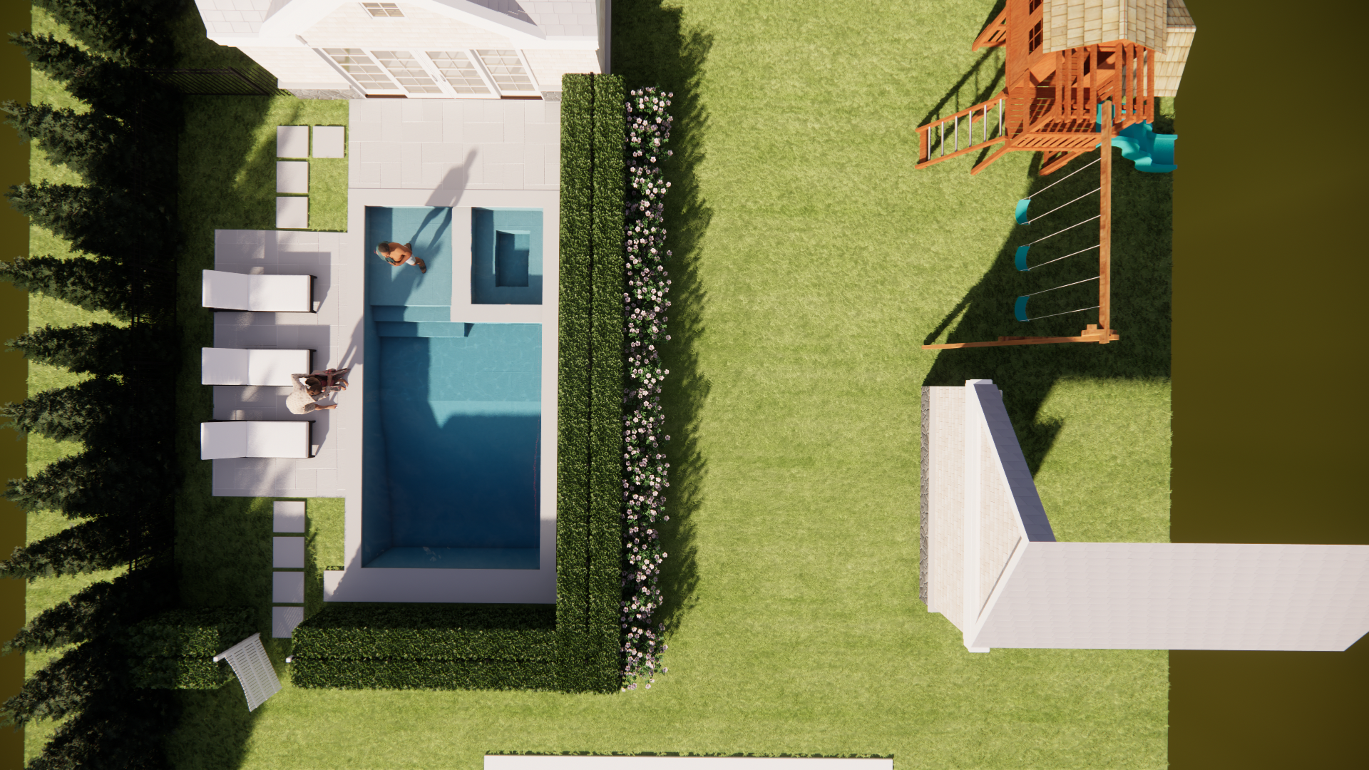 Backyard patio with pool, lounge chairs, hedge border, and orange deck stairs