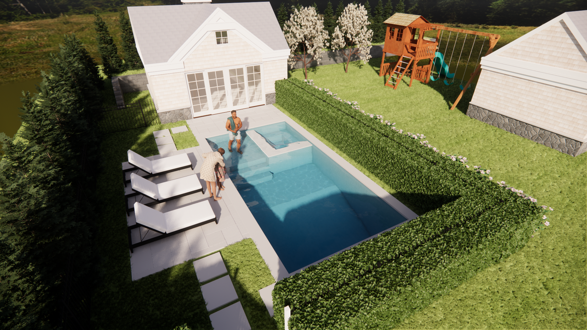 Backyard with a rectangular pool, white house, hedge border, lounge chairs, and patio steps