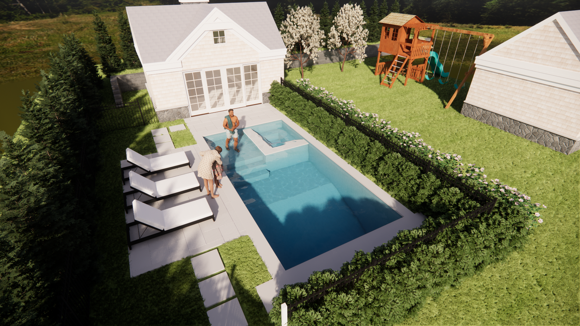 Backyard with a rectangular pool, white lounge chairs, hedges, and a white house