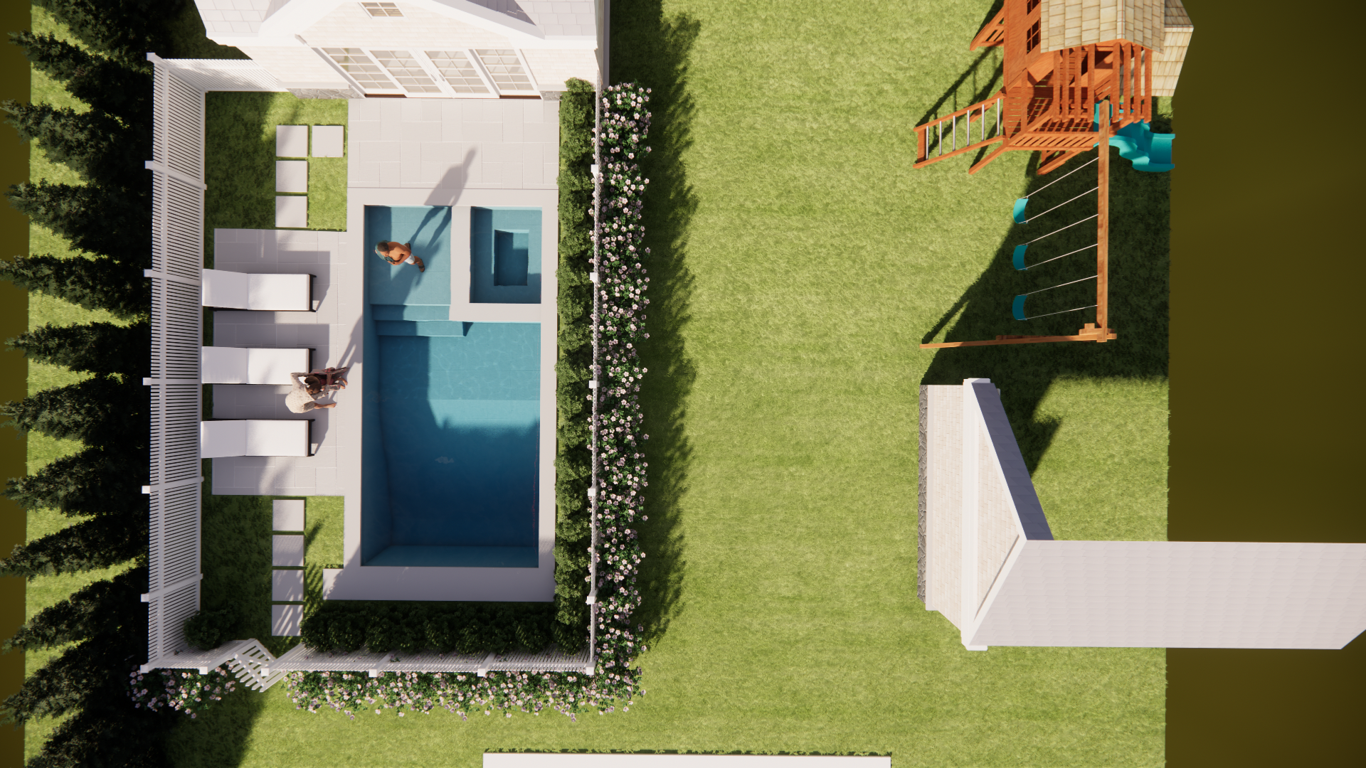 Top-down view of a backyard with a small pool, loungers, hedge border, and a wooden playset on grass