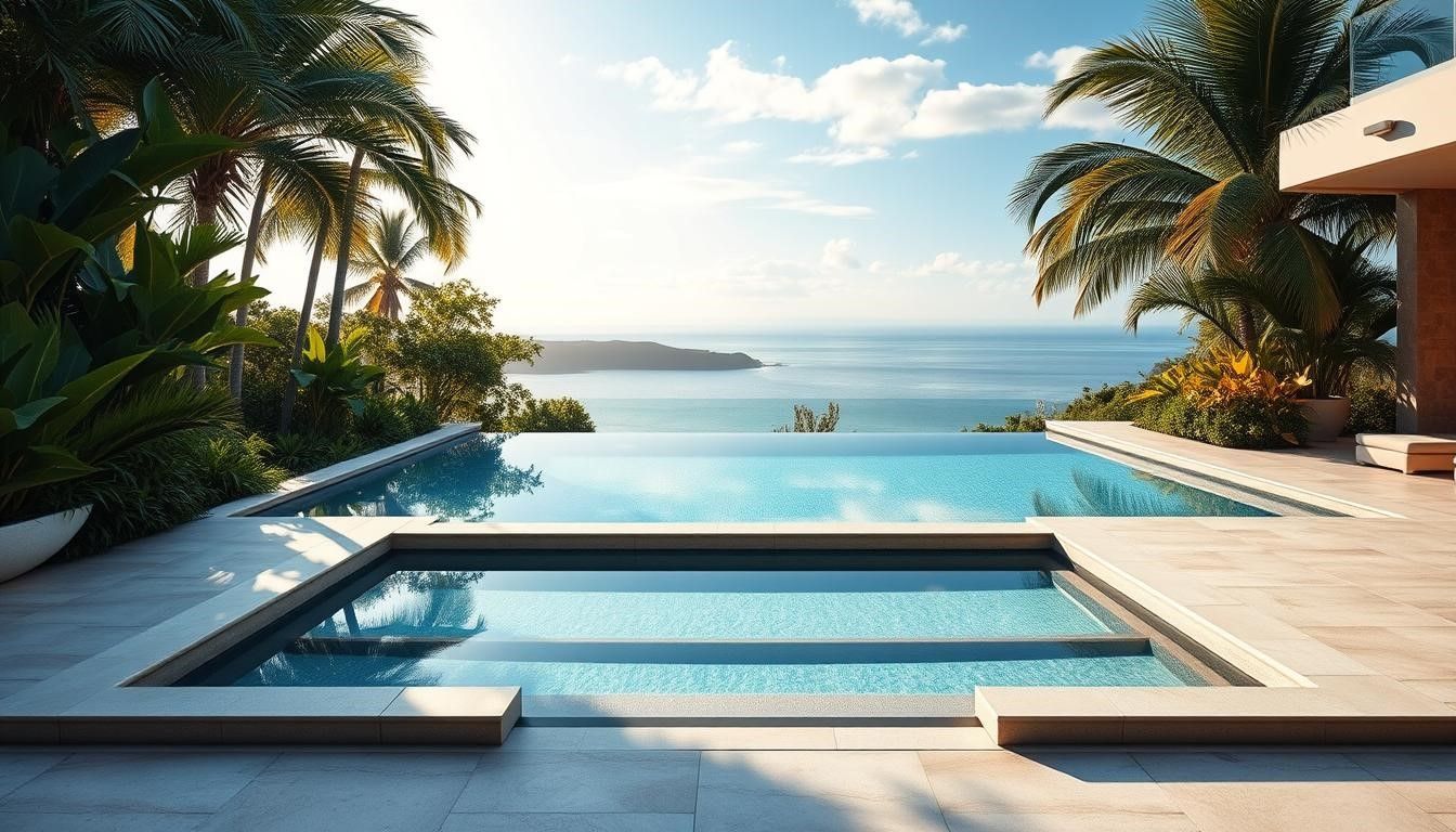 Infinity pool overlooking a tropical ocean at sunset, framed by palm trees and a modern patio