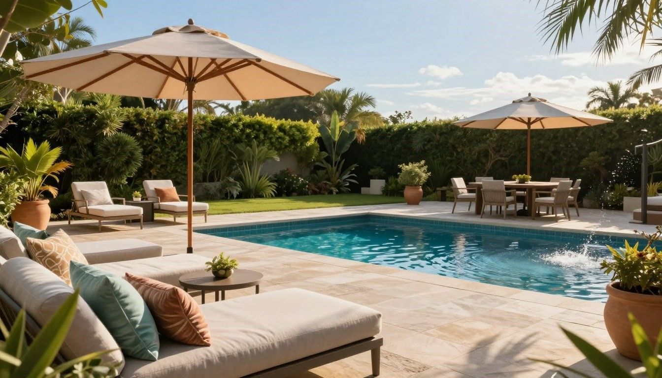 Sunny backyard pool with lounge chairs, umbrellas, and lush greenery in a resort-style setting