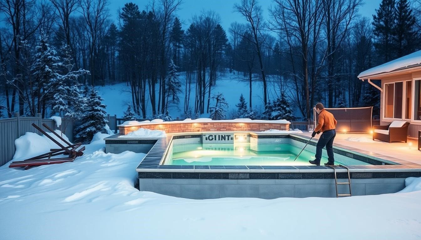 Snowy backyard with lit pool; person in orange jacket stands by the water at dusk.