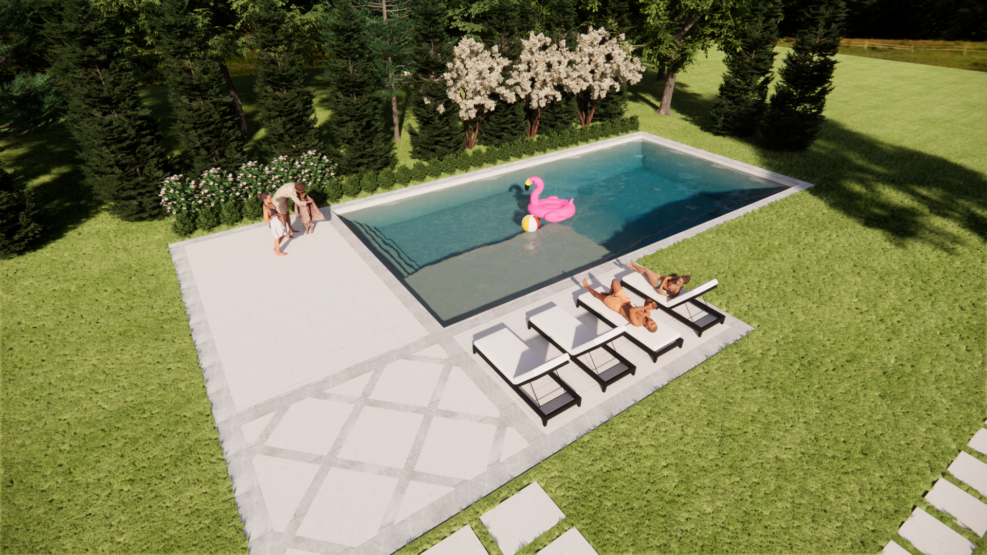Modern backyard with a rectangular pool, lounge chairs, and two people relaxing on a sun deck