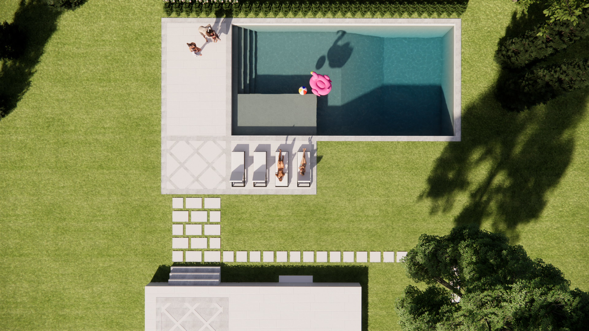 Overhead view of a modern backyard with a rectangular pool, patio chairs, and surrounding lawn.