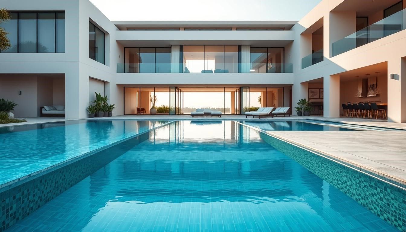 Modern luxury courtyard with a turquoise pool between white contemporary buildings at sunset