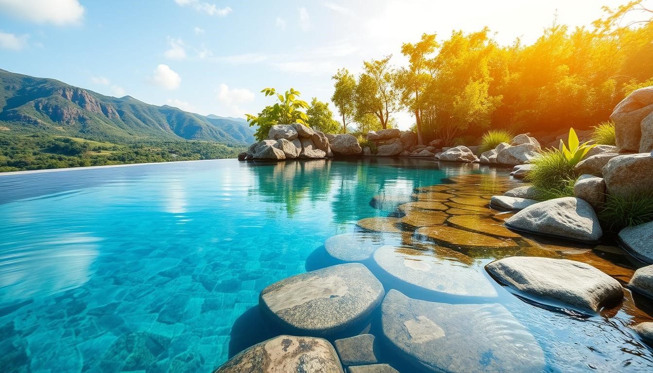 Tropical lagoon with clear blue water, rocks, palm trees, and sunlit mountains in the background