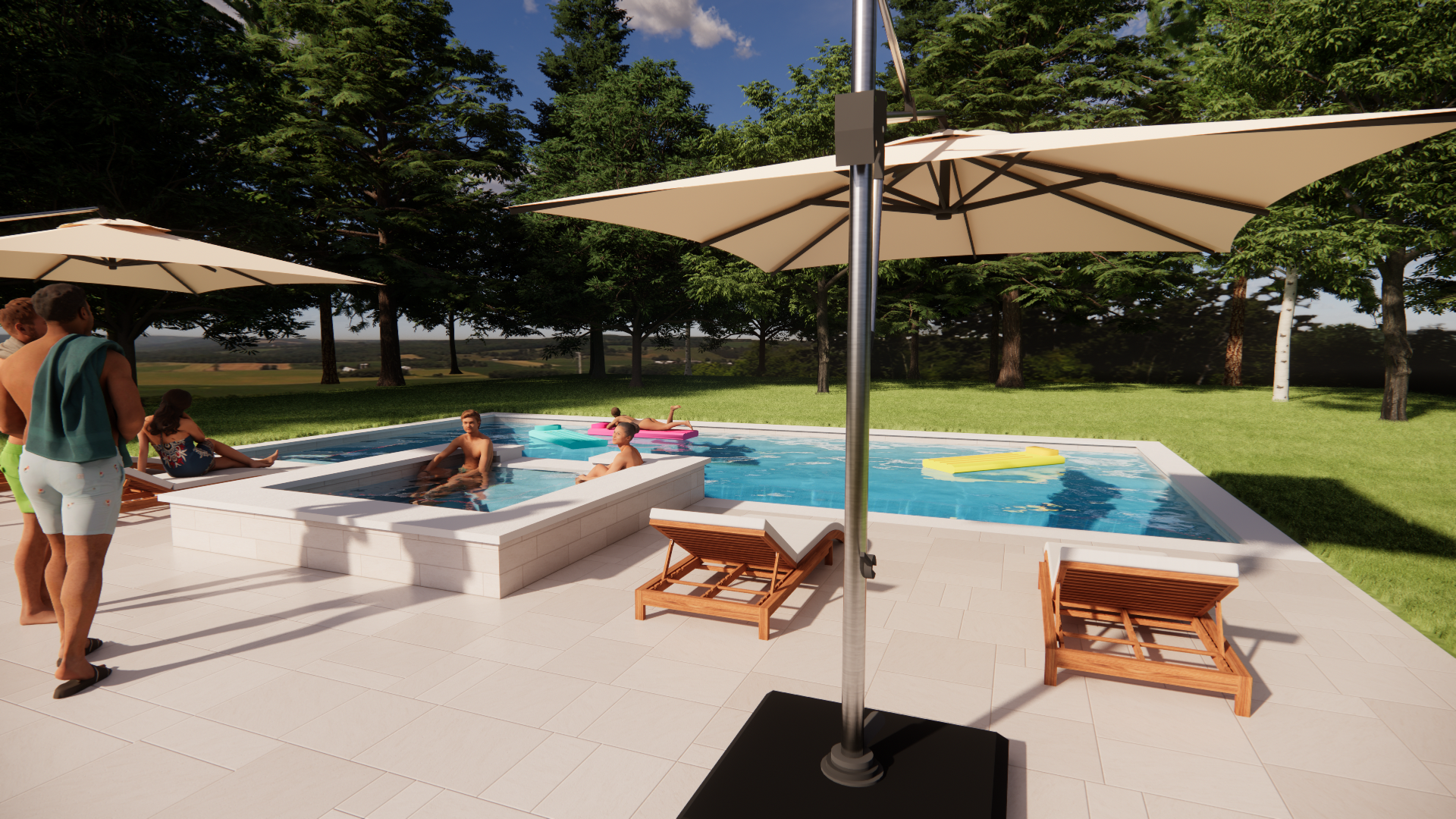 Poolside lounge chairs and umbrellas beside a sunny swimming pool with people relaxing nearby