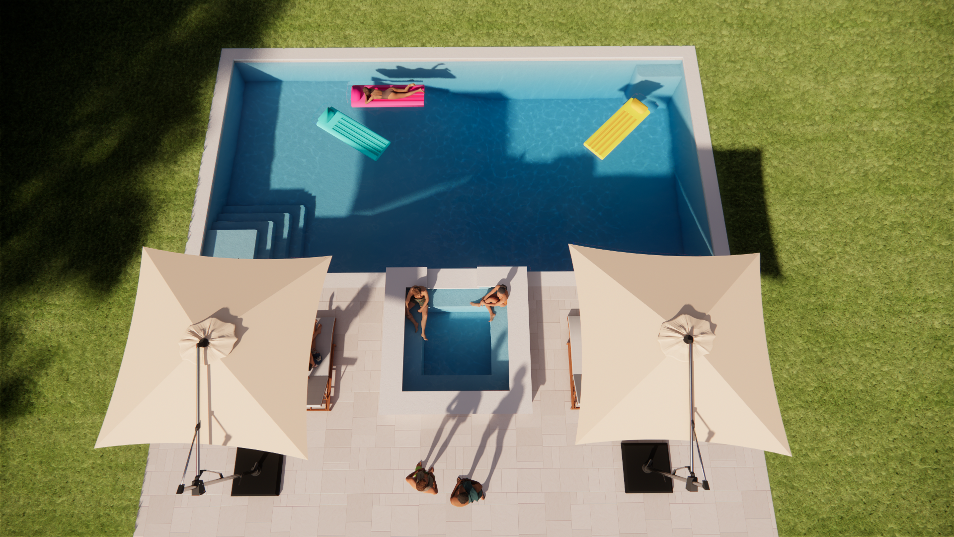 Resort pool with two sun loungers and beige umbrellas beside a turquoise water slide area