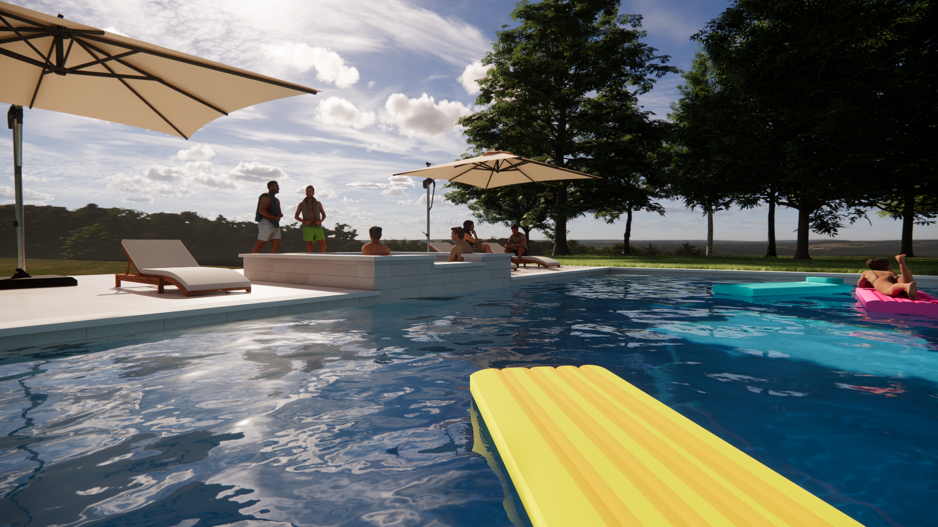 Poolside resort scene with people lounging by a blue pool under umbrellas, lake and trees in the background