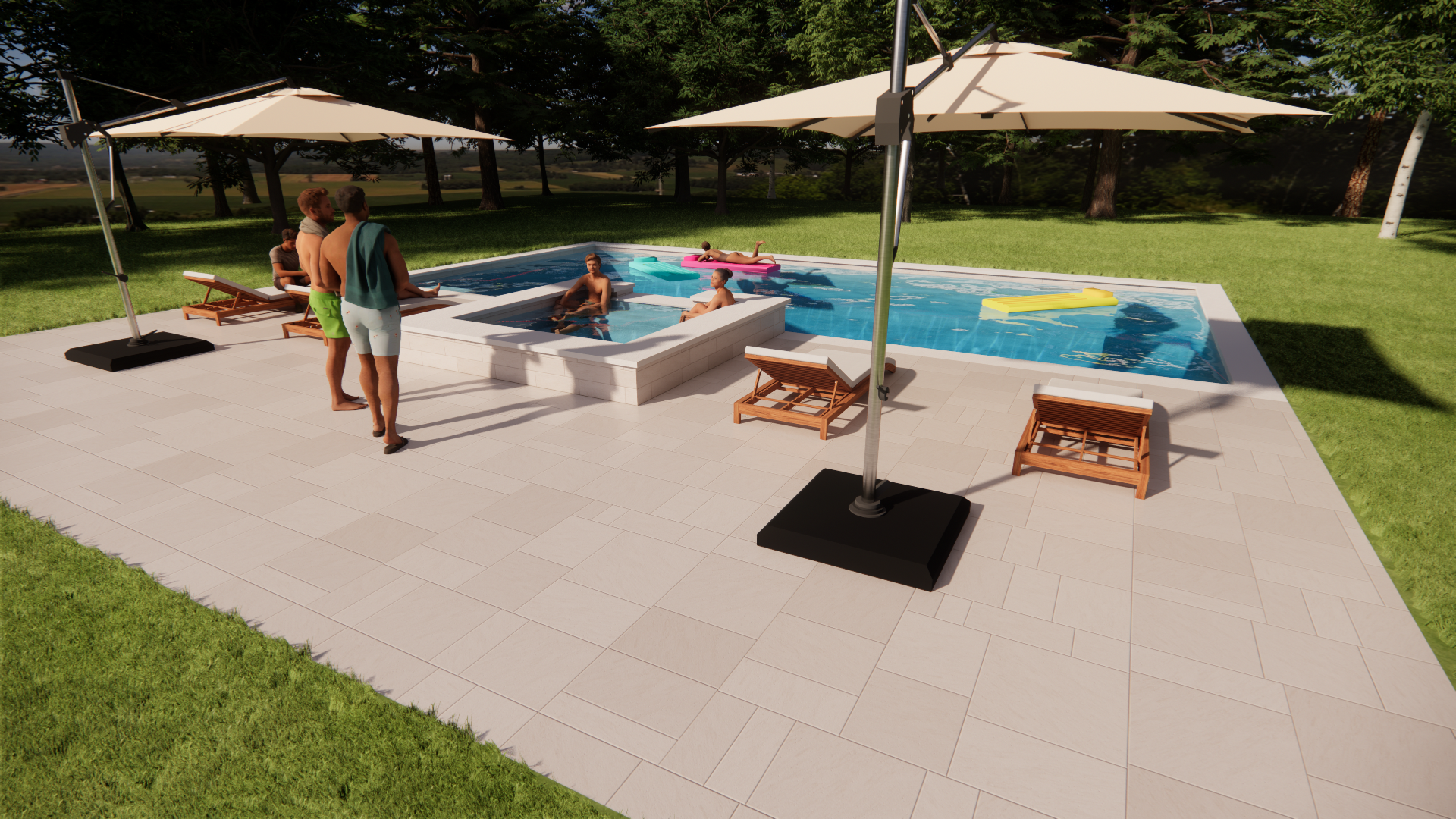 Poolside patio with people relaxing by a blue swimming pool under umbrellas on a sunny day