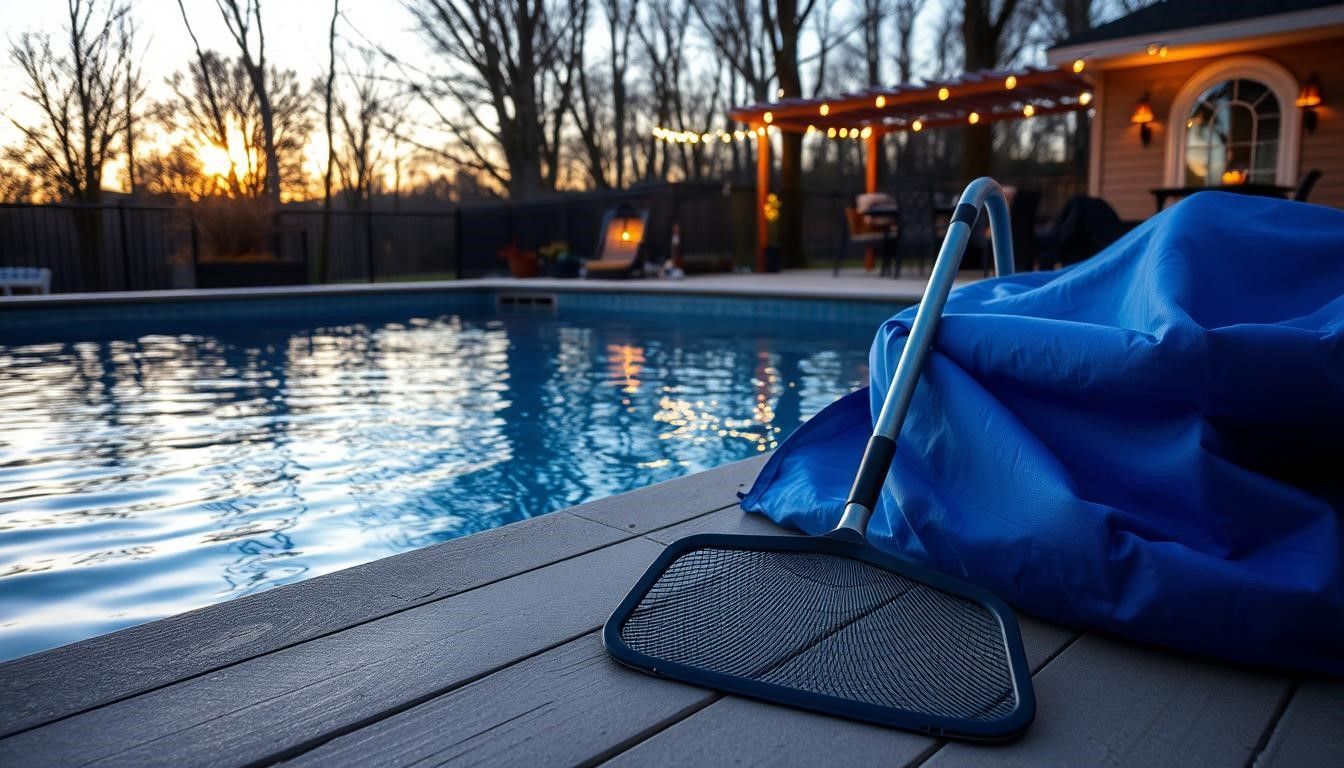 Poolside cleaning net and blue cover beside an outdoor pool at sunset