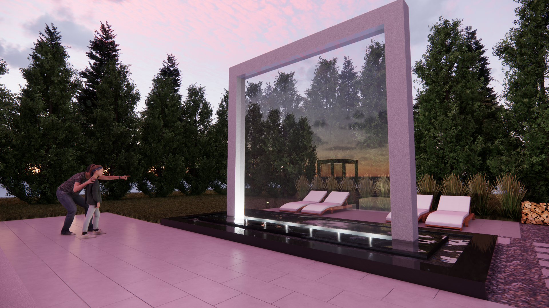 Modern backyard patio with a glass-framed fire feature, lounge chairs, and trees at dusk