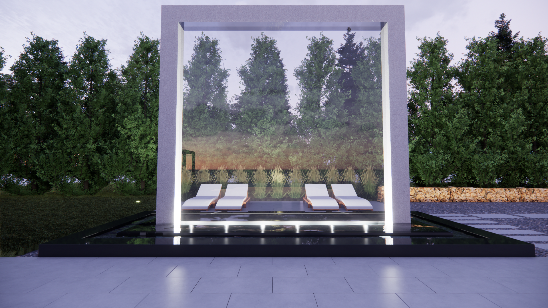 Modern outdoor patio with white lounge chairs beneath a lit square pergola and tall green hedges.