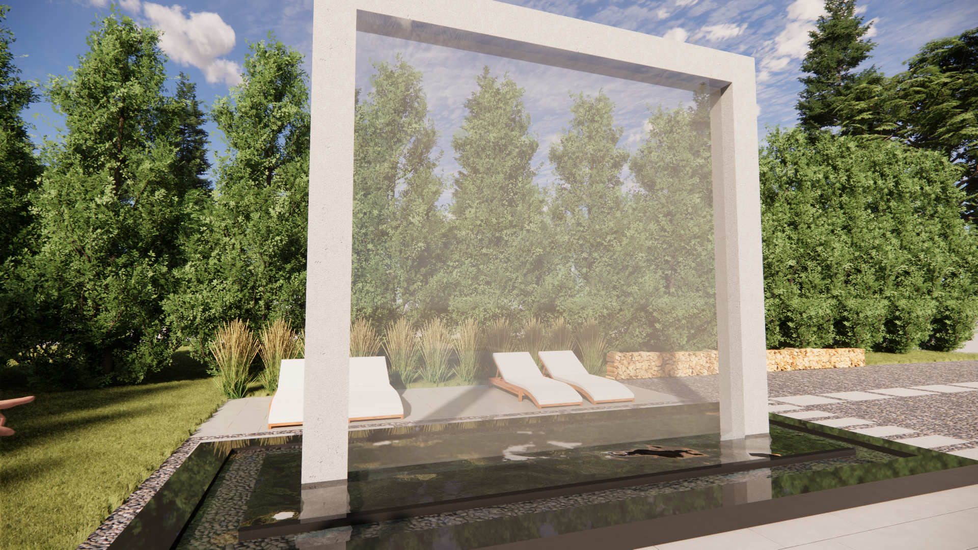 Modern outdoor lounge with white lounge chairs under a square canopy, surrounded by trees and stone paving