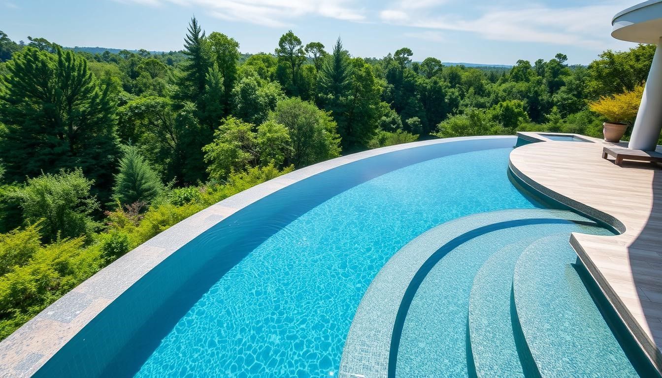 Curved blue infinity pool overlooking lush green trees and a bright sky