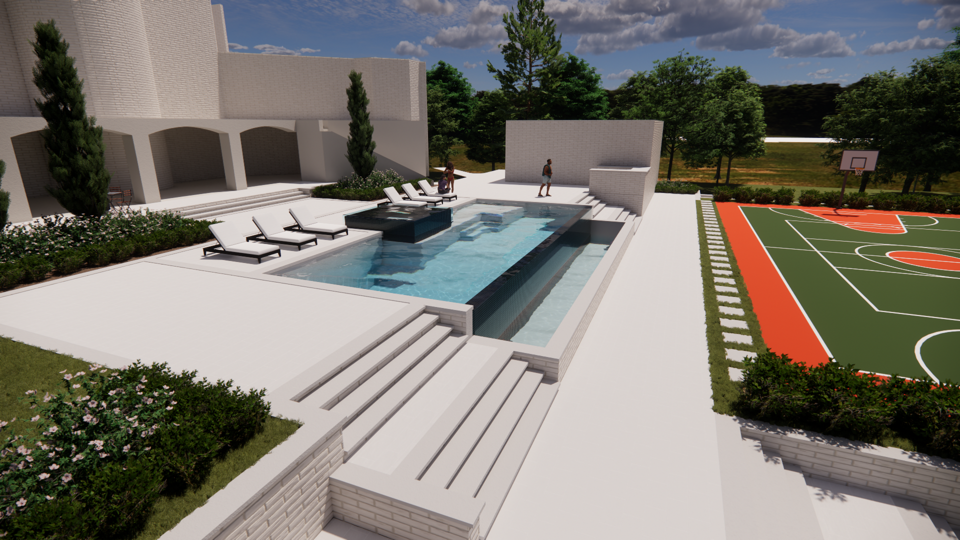 Modern backyard with a swimming pool, lounge chairs, and a sports court beside a white patio