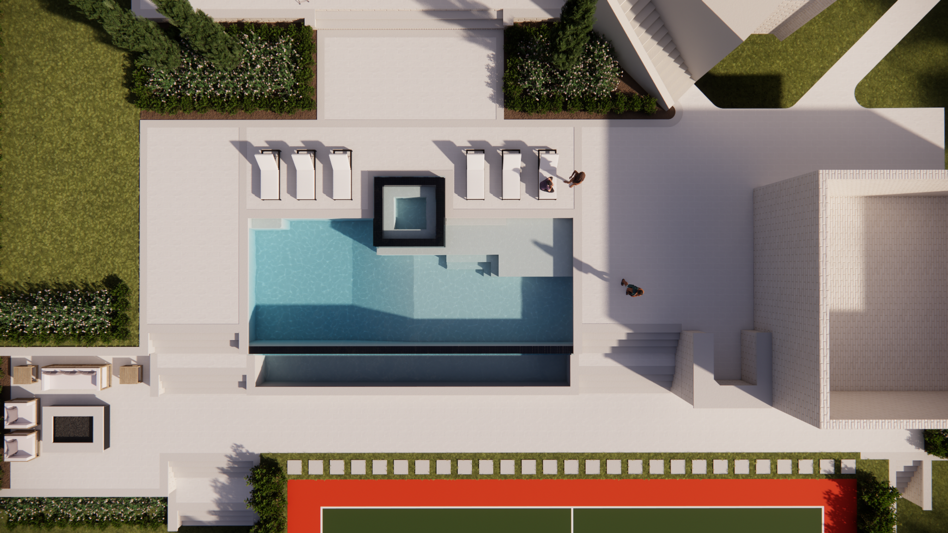 Aerial view of a modern courtyard pool with lounge chairs, steps, and surrounding greenery.
