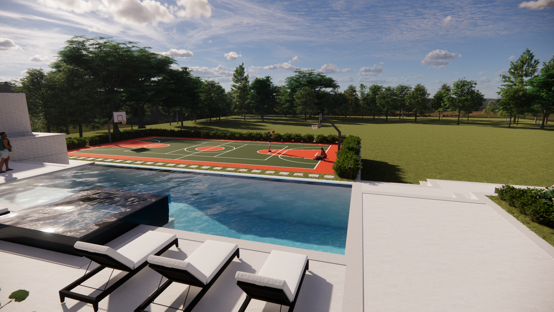 Backyard with pool, lounge chairs, green lawn, and a red-orange sports court in the distance