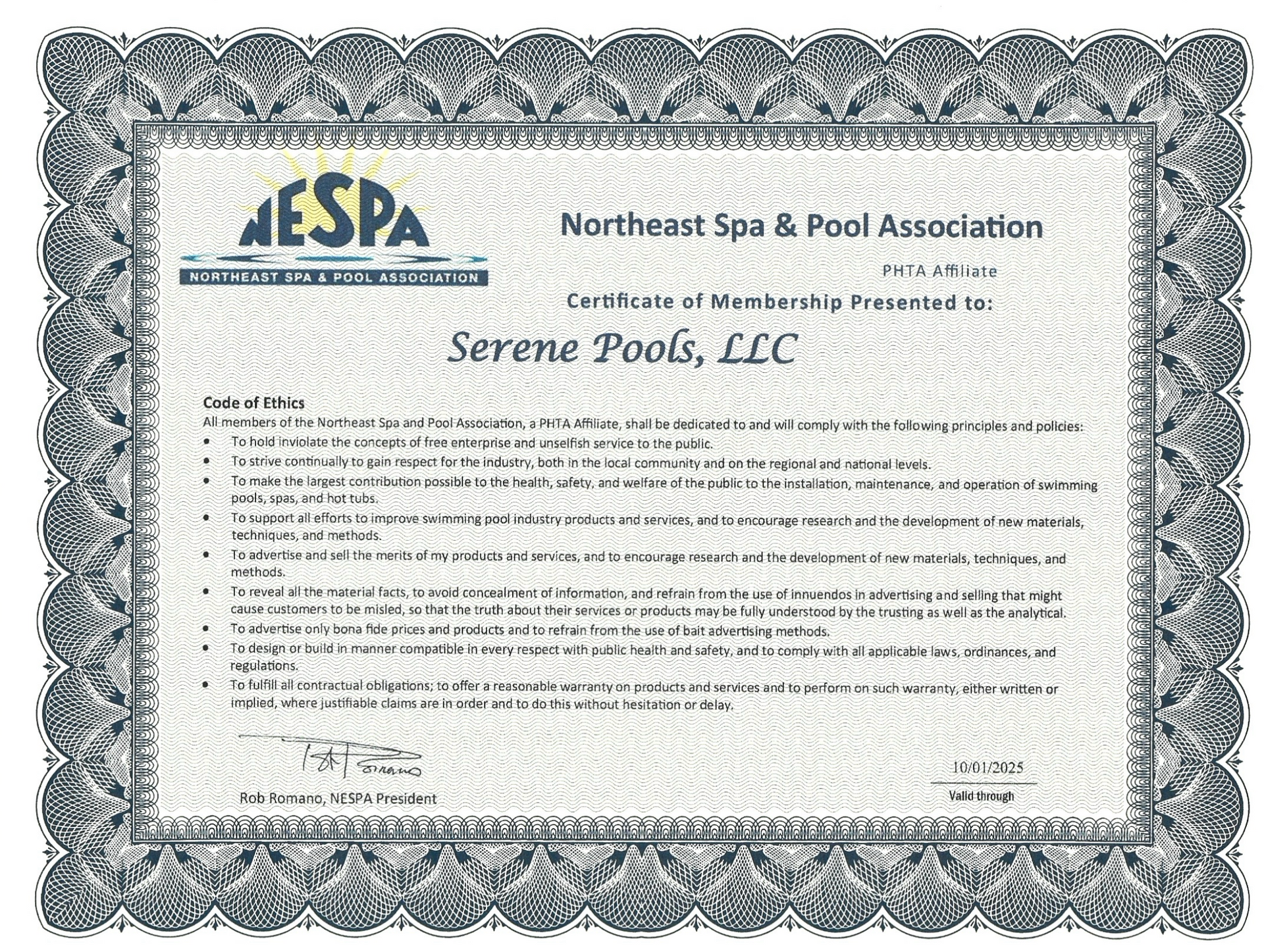 A certificate of membership from the Northeast Spa & Pool Association issued to Serene Pools, LLC.