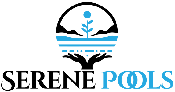 Logo for Serene Pools featuring blue hands holding a stylized pool of water with a plant and sun inside a circular frame.