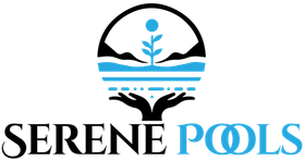 Serene Pools Logo for Serene Pools featuring blue hands holding a stylized pool of water with a plant and sun inside a circular frame.