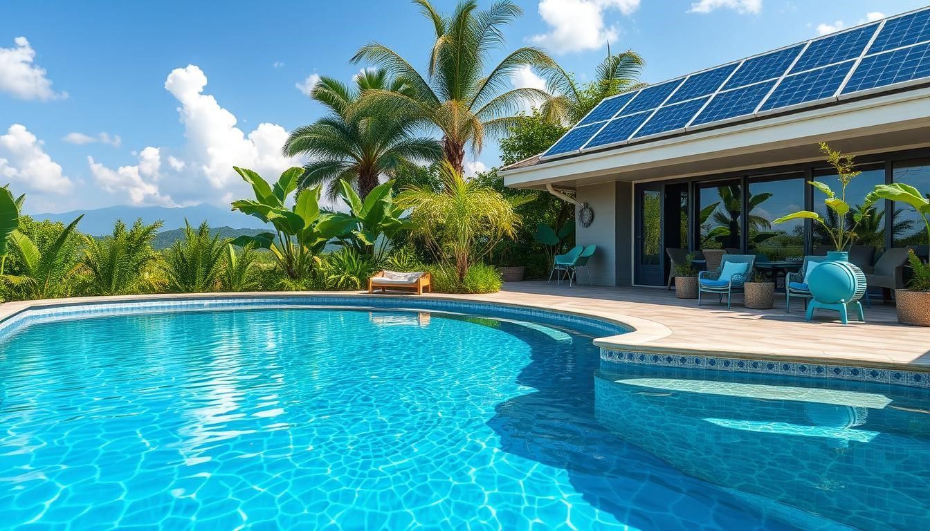 Tropical resort pool beside a modern house with solar panels, palm trees, and blue sky