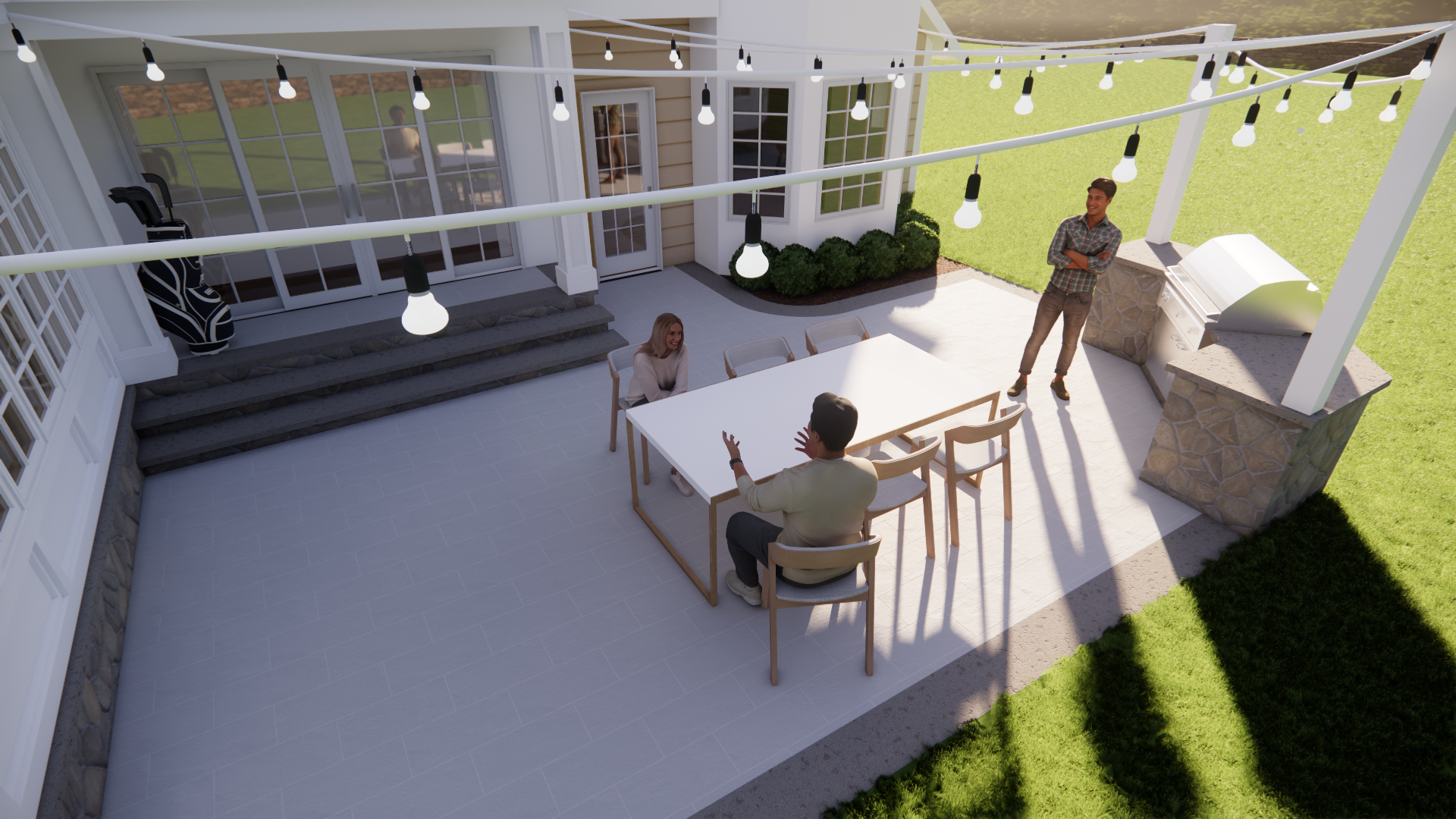 Outdoor patio with people seated at a table under string lights beside a house