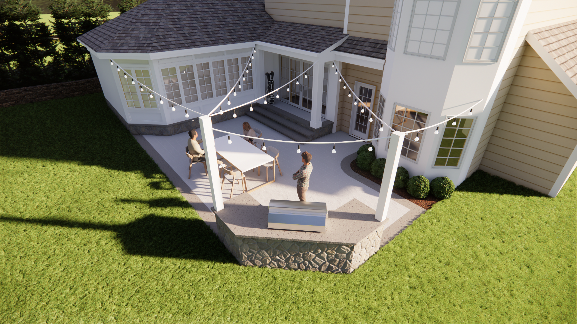 Backyard patio with pergola, steps, and a few people under a house’s curved porch, surrounded by grass