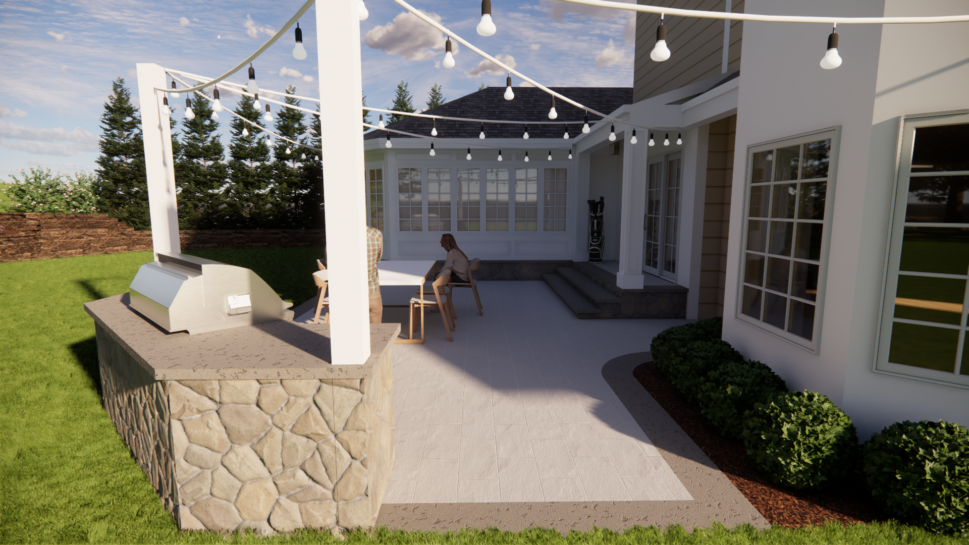 Covered patio with string lights, stone seating wall, and a person sitting outside a house.