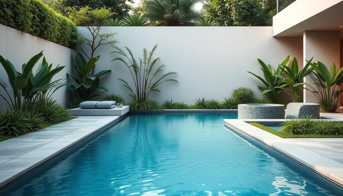 Modern backyard pool with blue water, white lounge chairs, and lush tropical plants