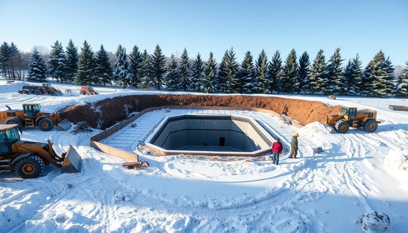 Snowy construction site with a large concrete pit, heavy machinery, and two workers near a treeline