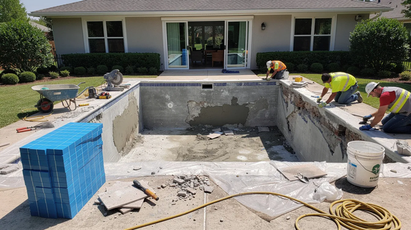 The image depicts a pool renovation and repair project in progress, showcasing experienced technicians working on a swimming pool in a backyard setting. Tools and equipment are visible, emphasizing the expertise and professionalism of the pool company as they ensure a safe swimming environment for homeowners in New Jersey.