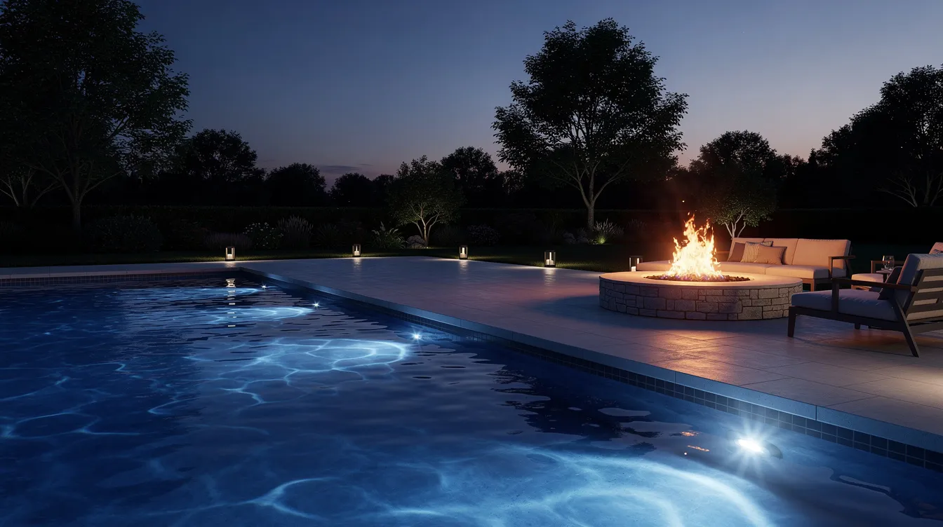 The image depicts an inviting evening scene by an inground swimming pool, featuring illuminated blue water and a smooth stone deck, complemented by a glowing fire pit nearby that enhances the relaxing atmosphere. This perfect pool setting is ideal for family gatherings and outdoor enjoyment in the backyard.