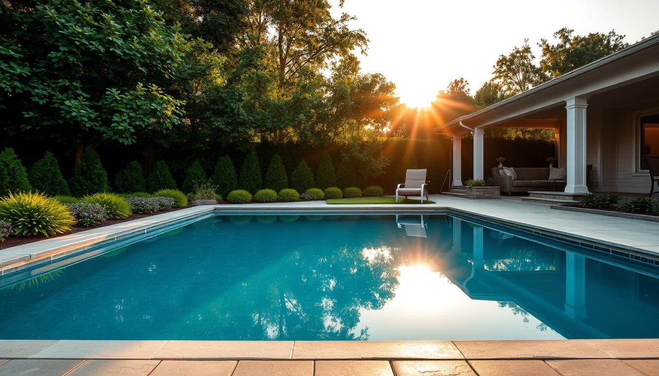 Backyard swimming pool at sunset beside a patio and house, with trees and lounge chairs reflected in the water