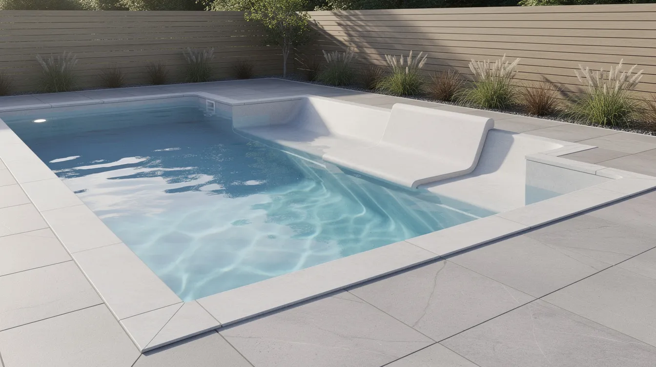 The image features a modern rectangular fiberglass pool with integrated bench seating, showcasing clear blue water that invites relaxation. This inground swimming pool design enhances the backyard space, offering a perfect spot for family enjoyment and leisure.