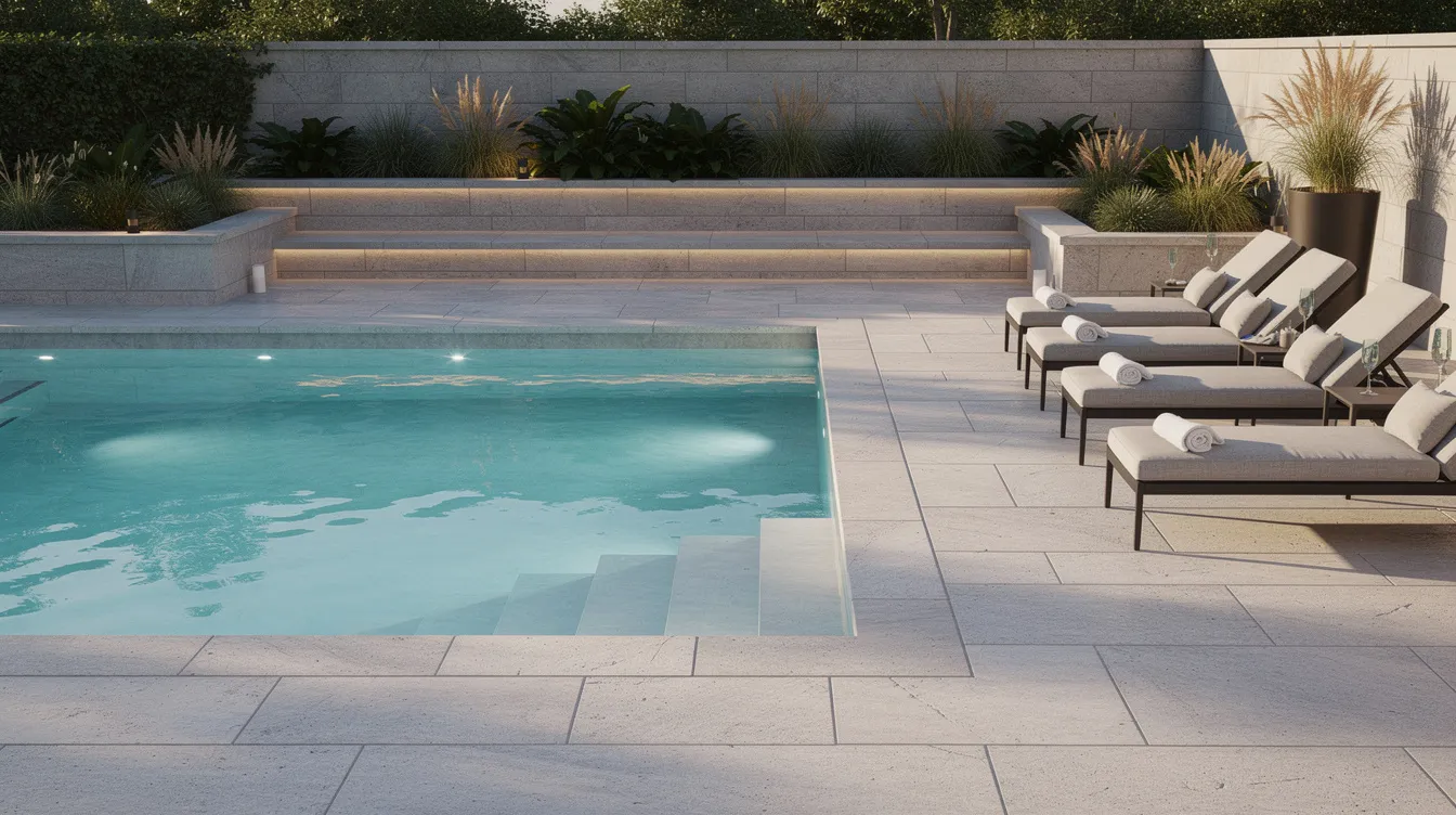 Modern backyard pool with stone deck, lounge chairs, and landscaped steps in soft sunlight