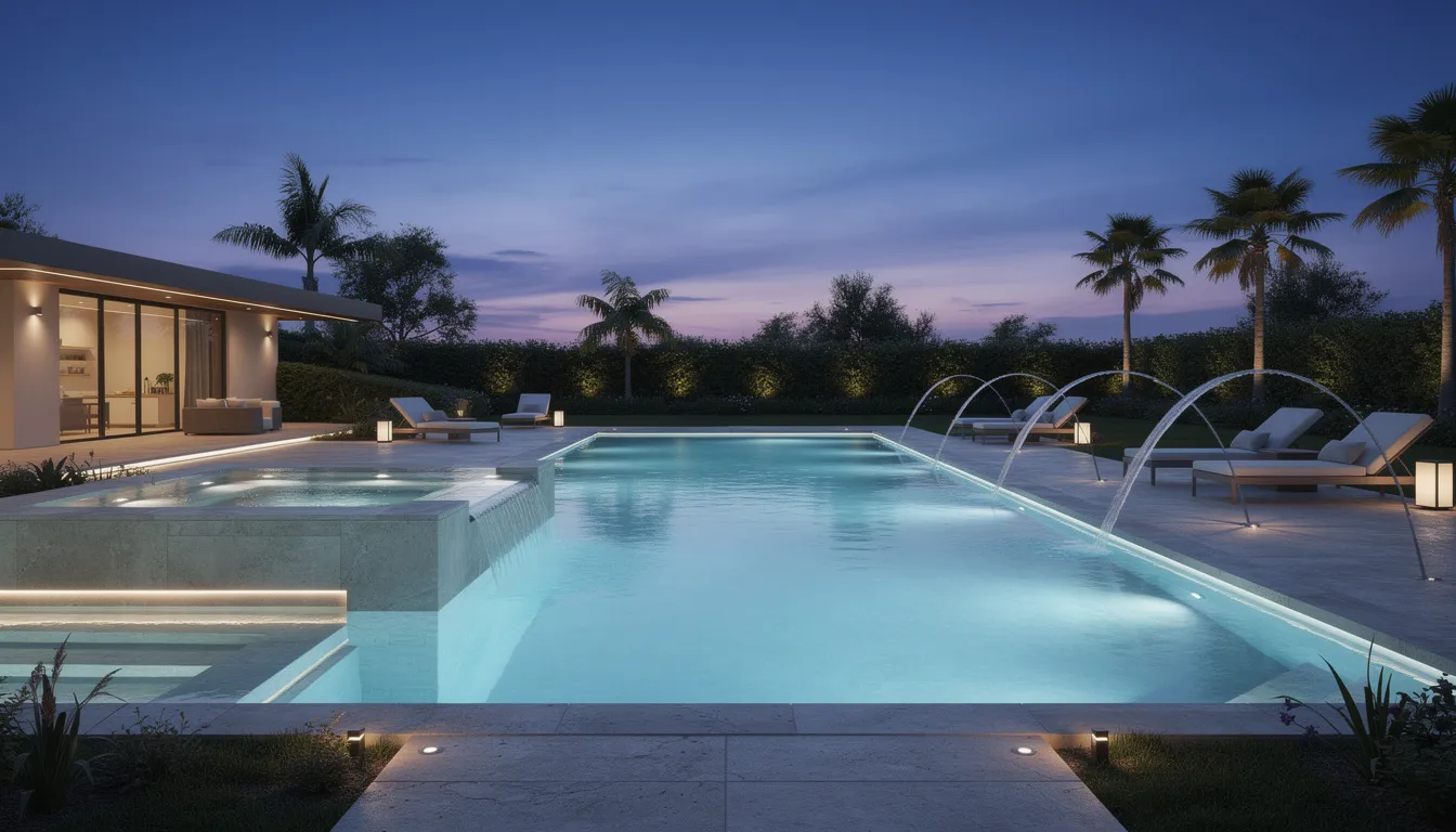Luxury resort pool at dusk with glowing water, palm trees, loungers, and arcing fountain jets