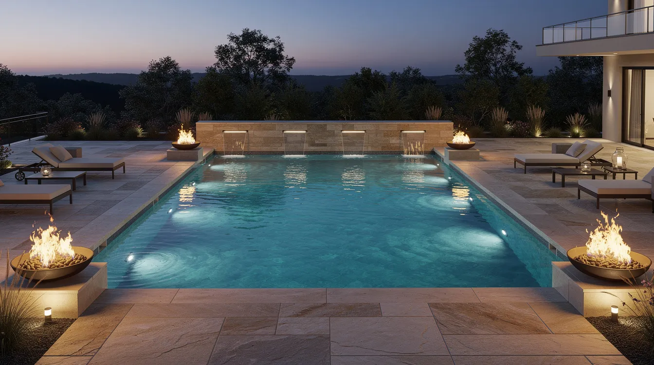 A rectangular pool with four fire bowls, water features, and lounge chairs on a stone patio at dusk.