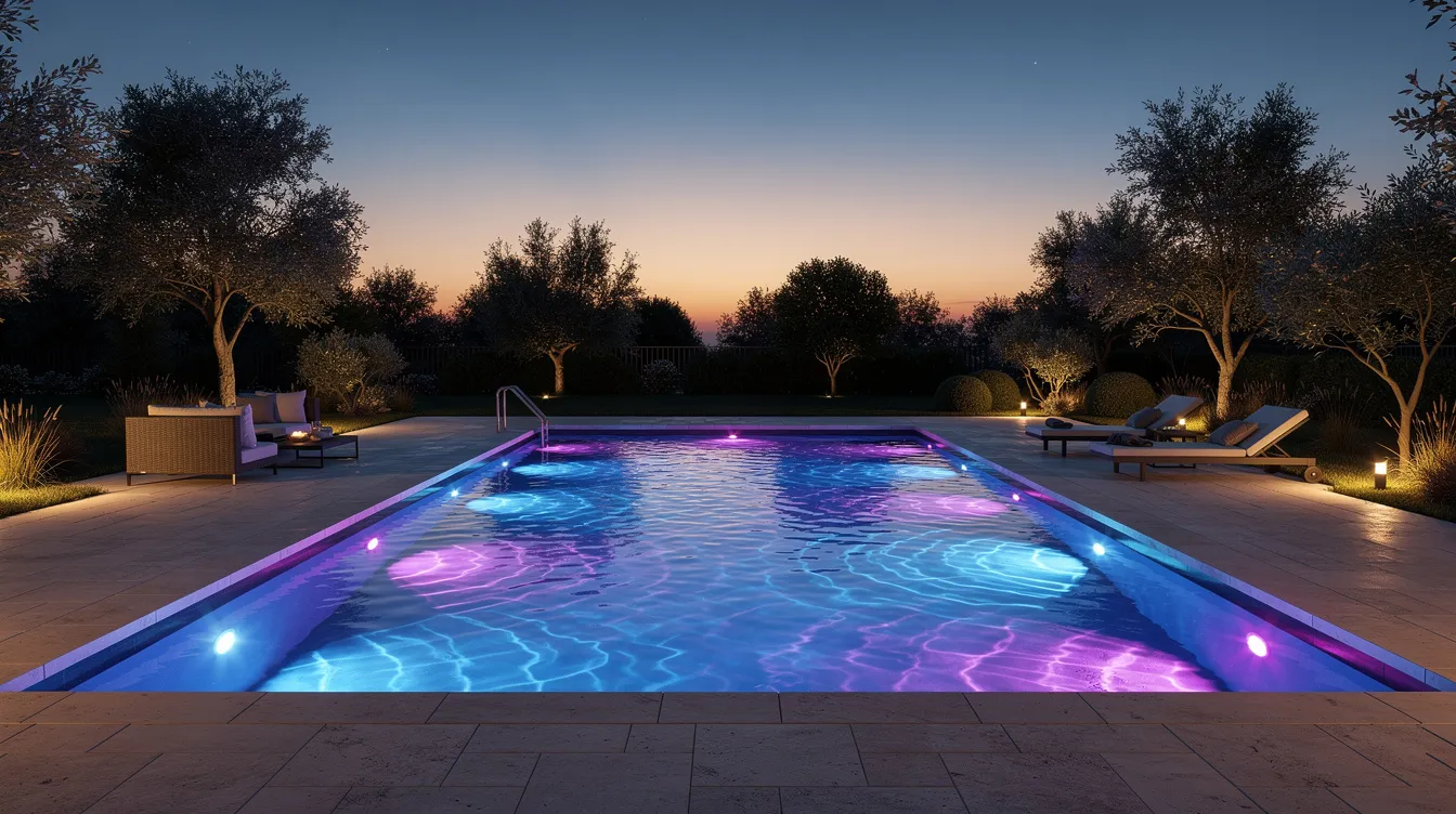 The image depicts a backyard swimming pool illuminated by vibrant blue and purple LED pool lights, creating a tranquil ambiance at dusk. The soft glow enhances the water's surface, highlighting the pool's curves and shallow sun shelves, inviting relaxation and enjoyment.