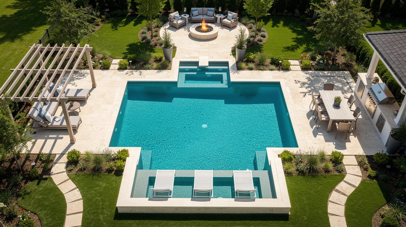 An aerial view showcases a luxurious backyard swimming pool, featuring a modern design with a built-in spa and tanning ledge. The outdoor living space includes stylish lounge chairs and vibrant plants, creating a relaxing backyard oasis perfect for enjoyment and leisure.