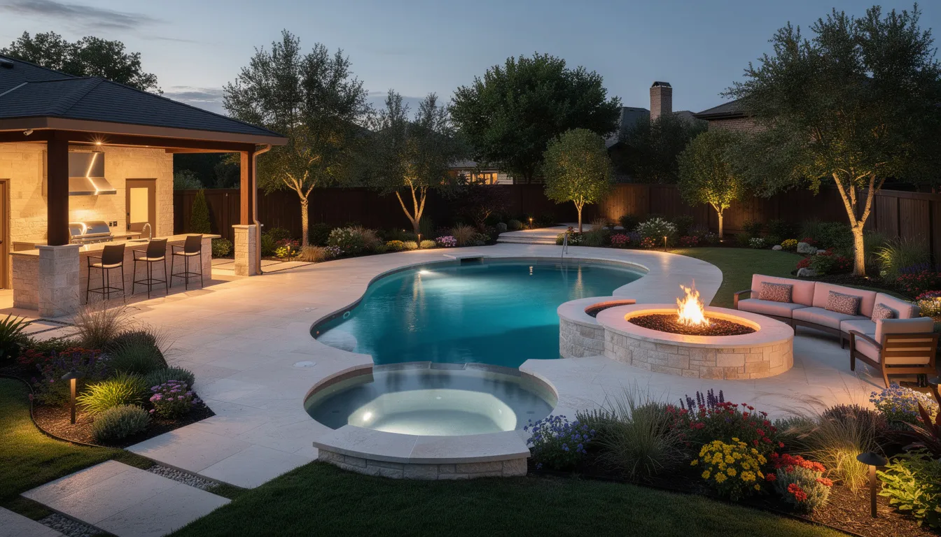 Backyard pool and spa with fire pit and outdoor lounge at dusk