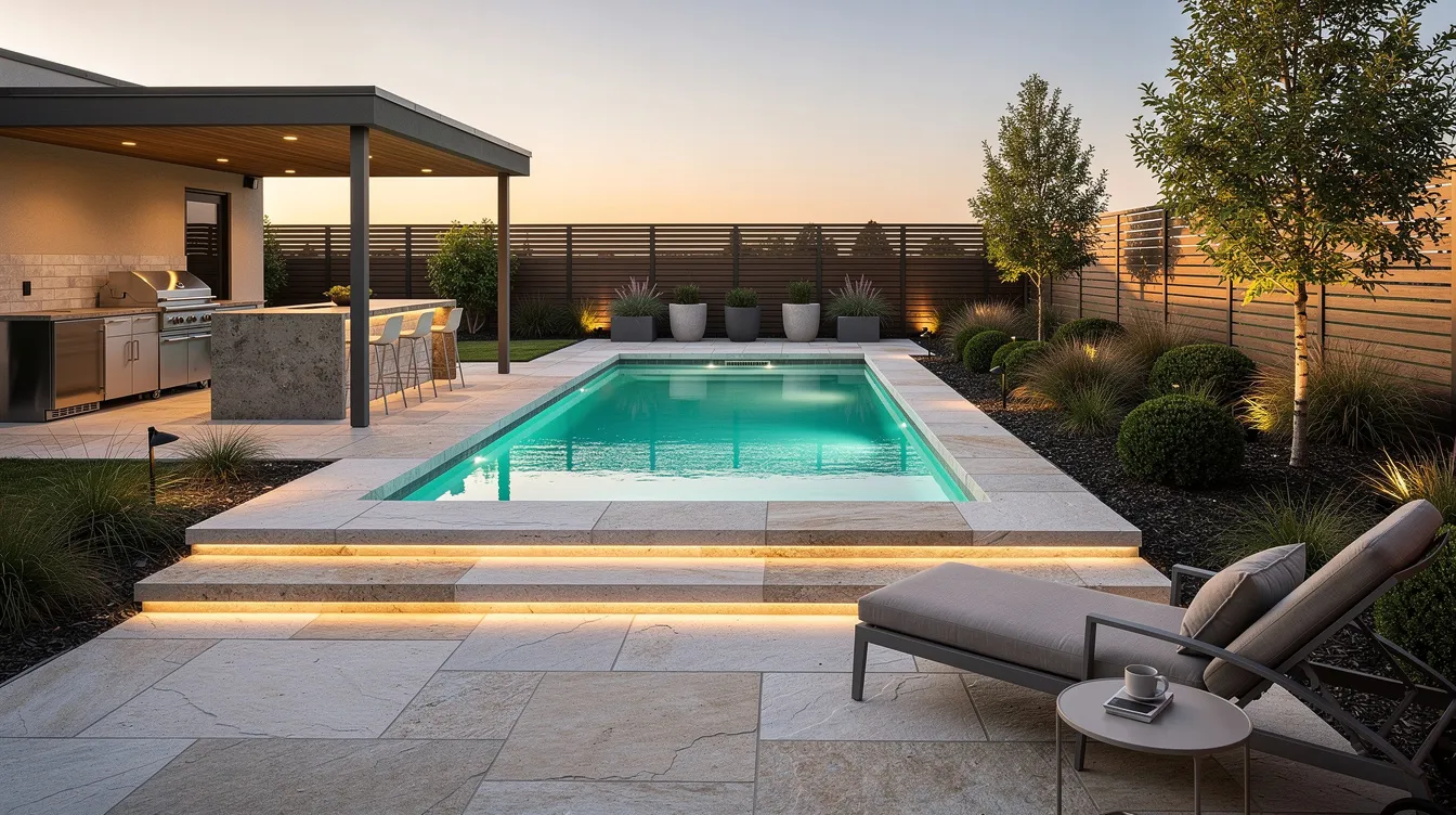 The image depicts a modern backyard featuring a beautifully remodeled swimming pool surrounded by natural stone hardscape, complete with an outdoor kitchen. The pool area includes elegant water features and a hot tub, creating a luxurious space for relaxation and entertainment.