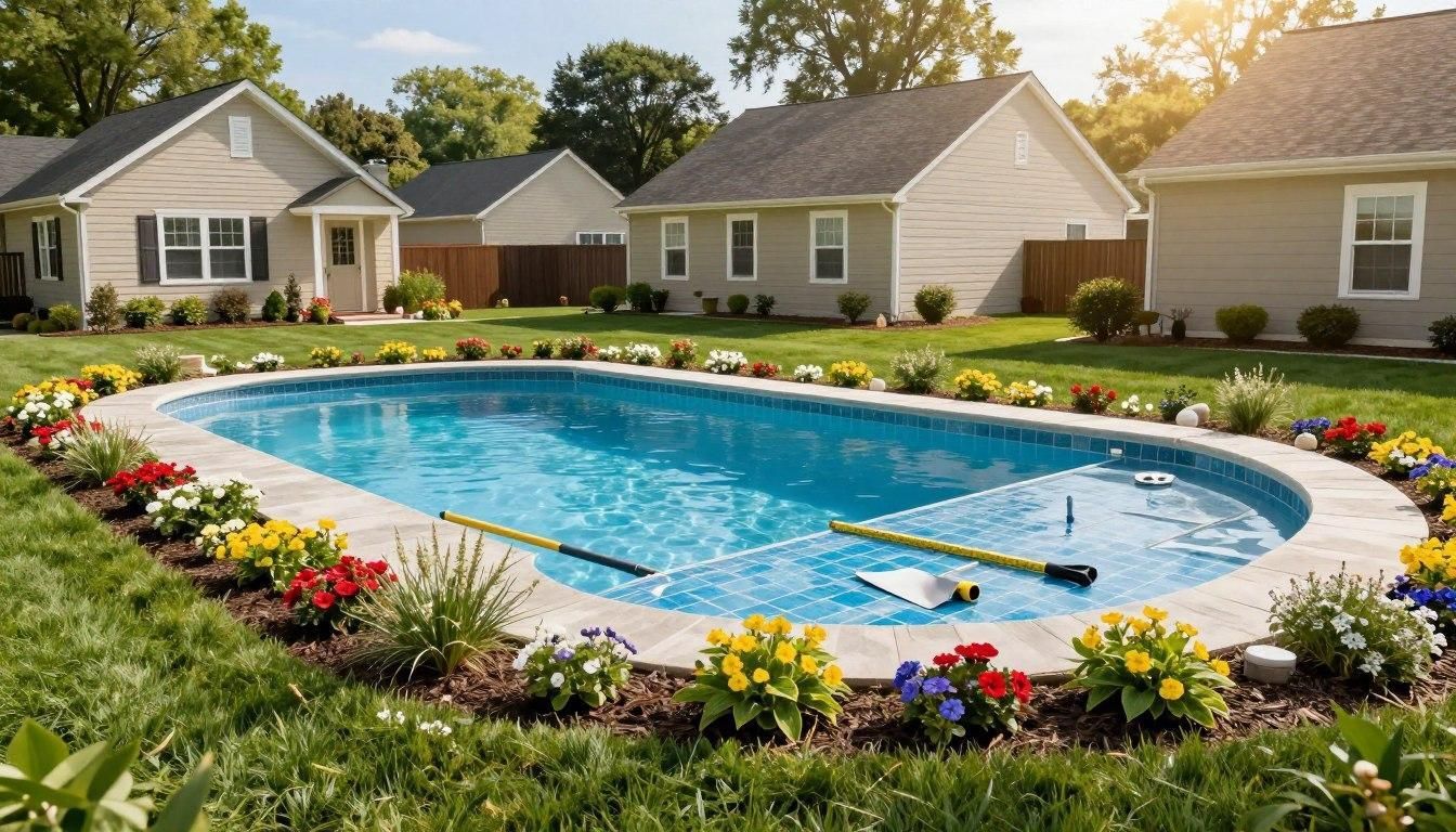 An oval swimming pool in a lush backyard, surrounded by a stone patio and colorful flowers, with suburban homes behind.